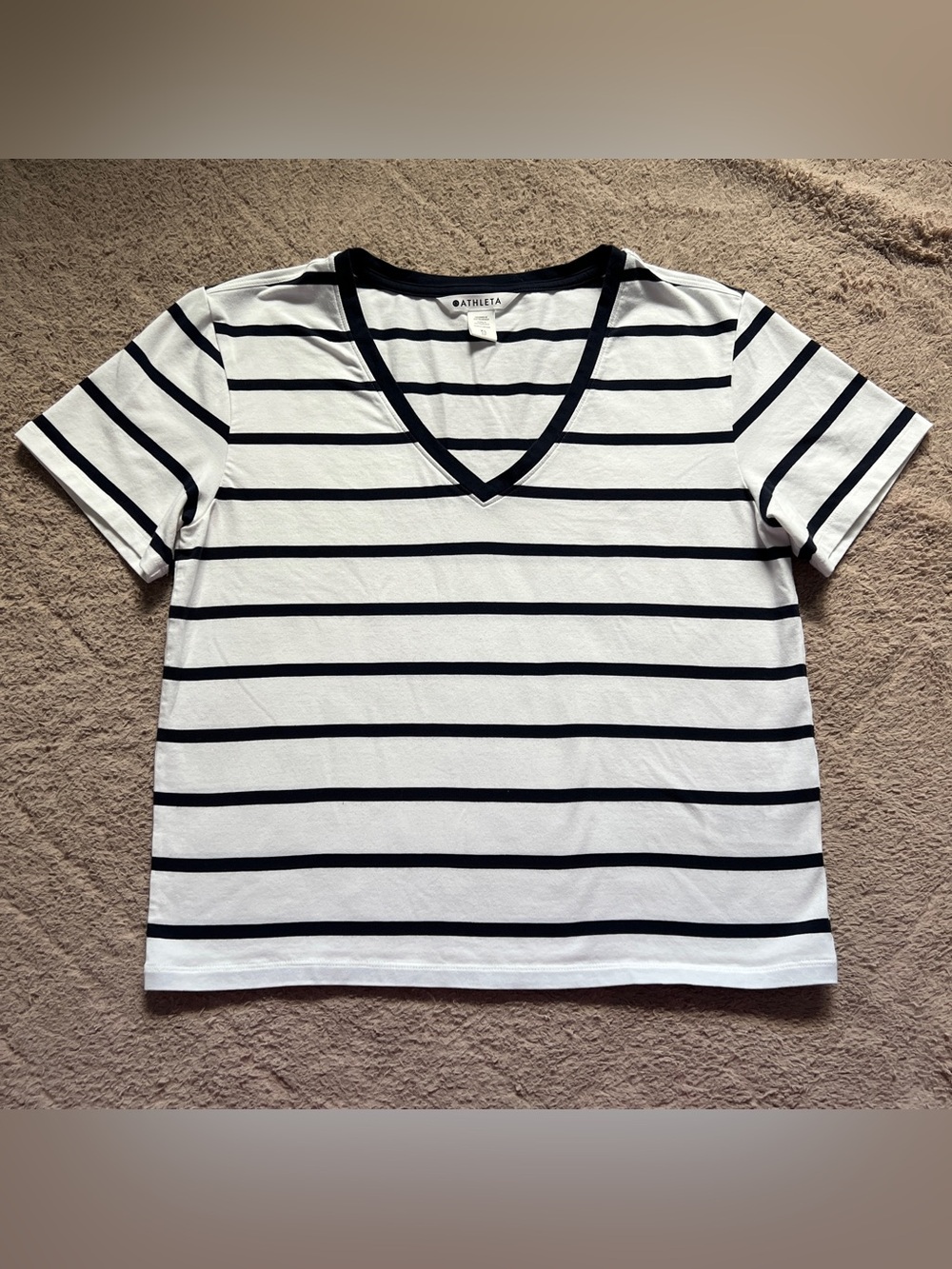 Athleta V-Neck Striped T-Shirt Minimal Preppy Stretchy Cotton Capsule Sz XS